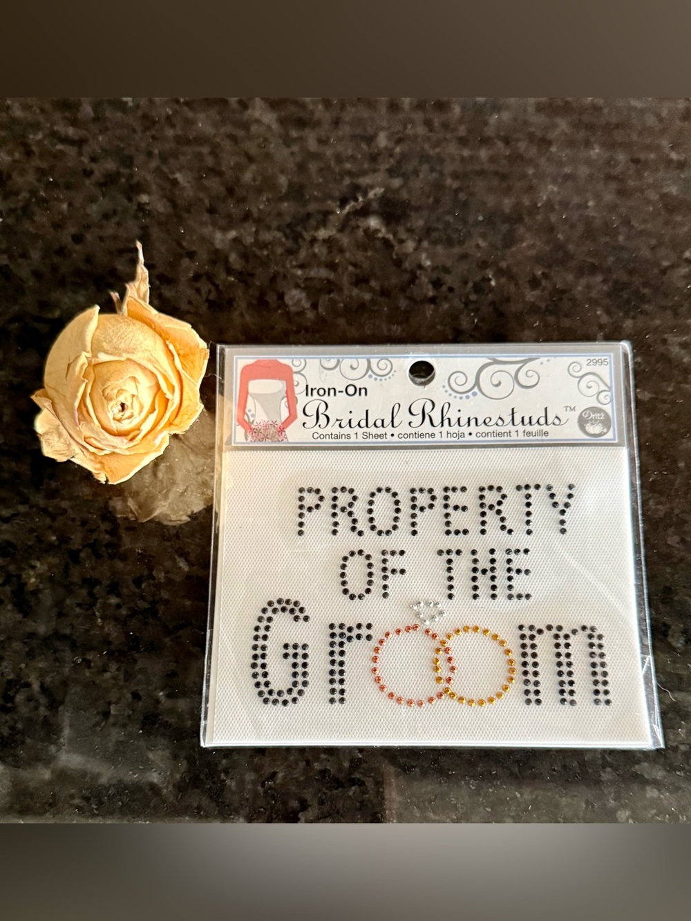 “Property of the Groom” 2008 Bridal RhineStuds Iron-On Transfer - NWT! 🖤💛